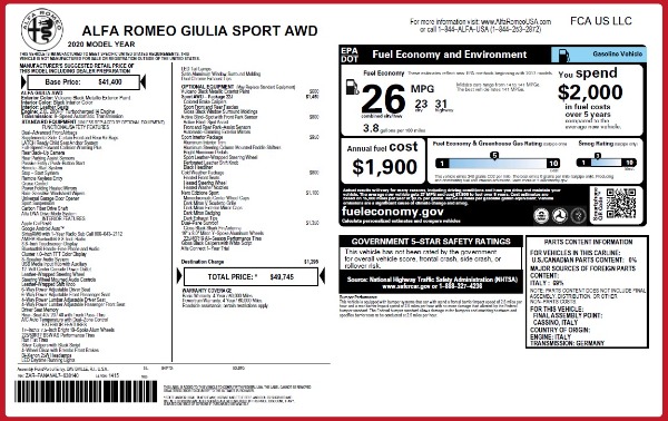 New 2020 Alfa Romeo Giulia Sport Q4 for sale Sold at Alfa Romeo of Greenwich in Greenwich CT 06830 2