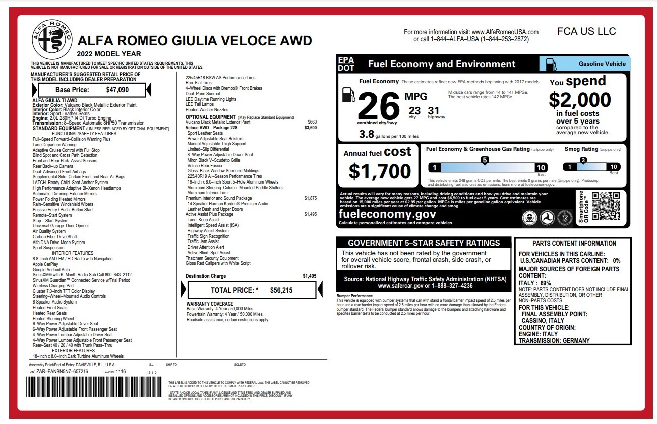 Used 2022 Alfa Romeo Giulia Veloce for sale $28,900 at Alfa Romeo of Greenwich in Greenwich CT 06830 1