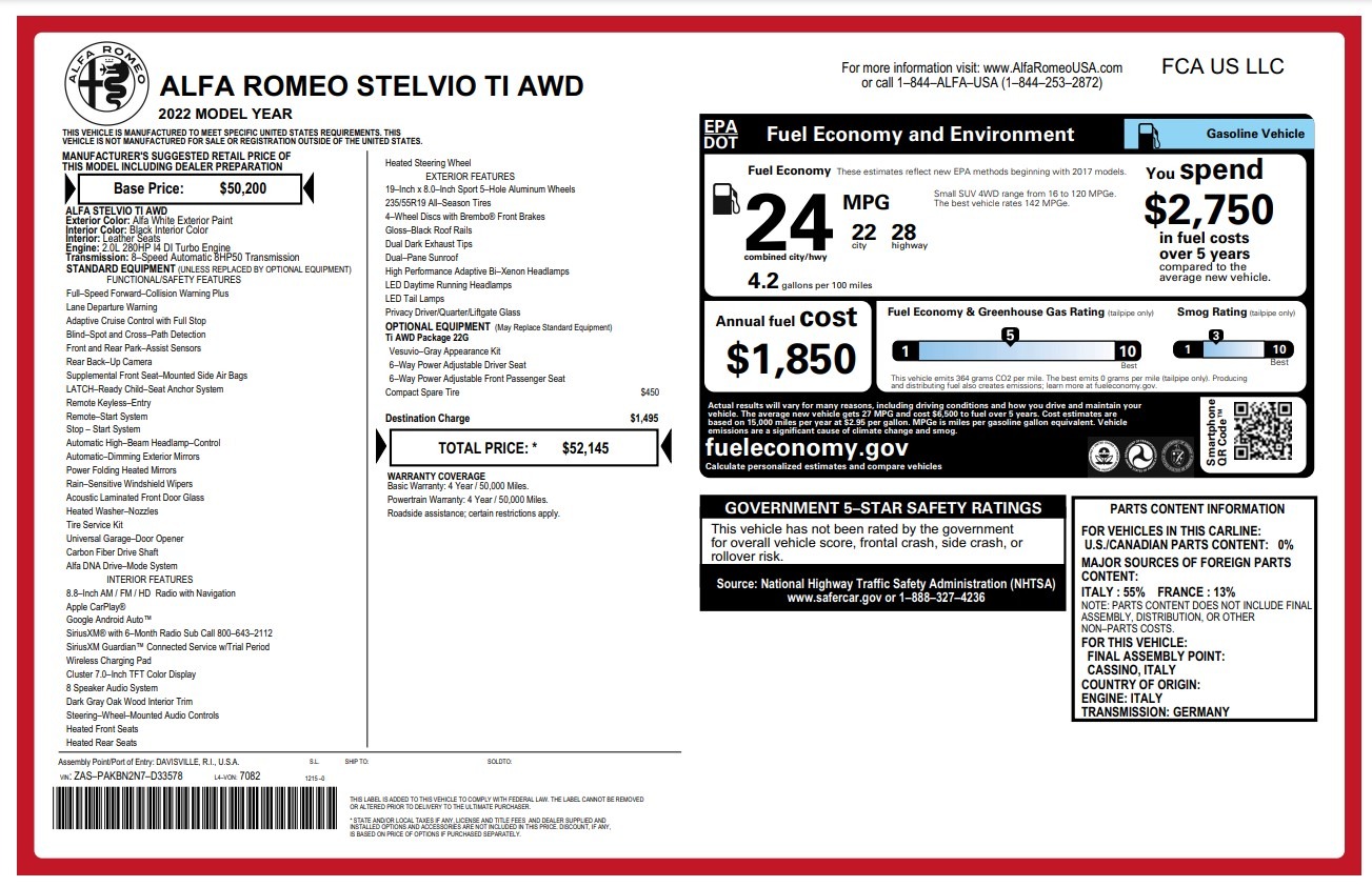New 2022 Alfa Romeo Stelvio Ti for sale $52,145 at Alfa Romeo of Greenwich in Greenwich CT 06830 1