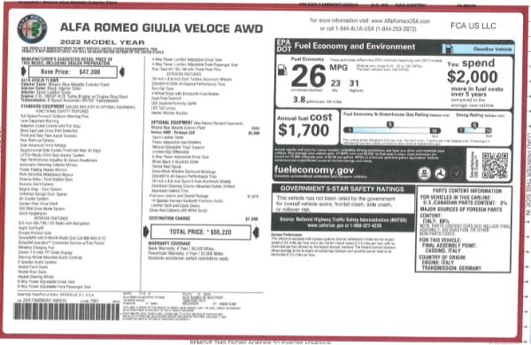 New 2022 Alfa Romeo Giulia Veloce for sale $55,220 at Alfa Romeo of Greenwich in Greenwich CT 06830 26