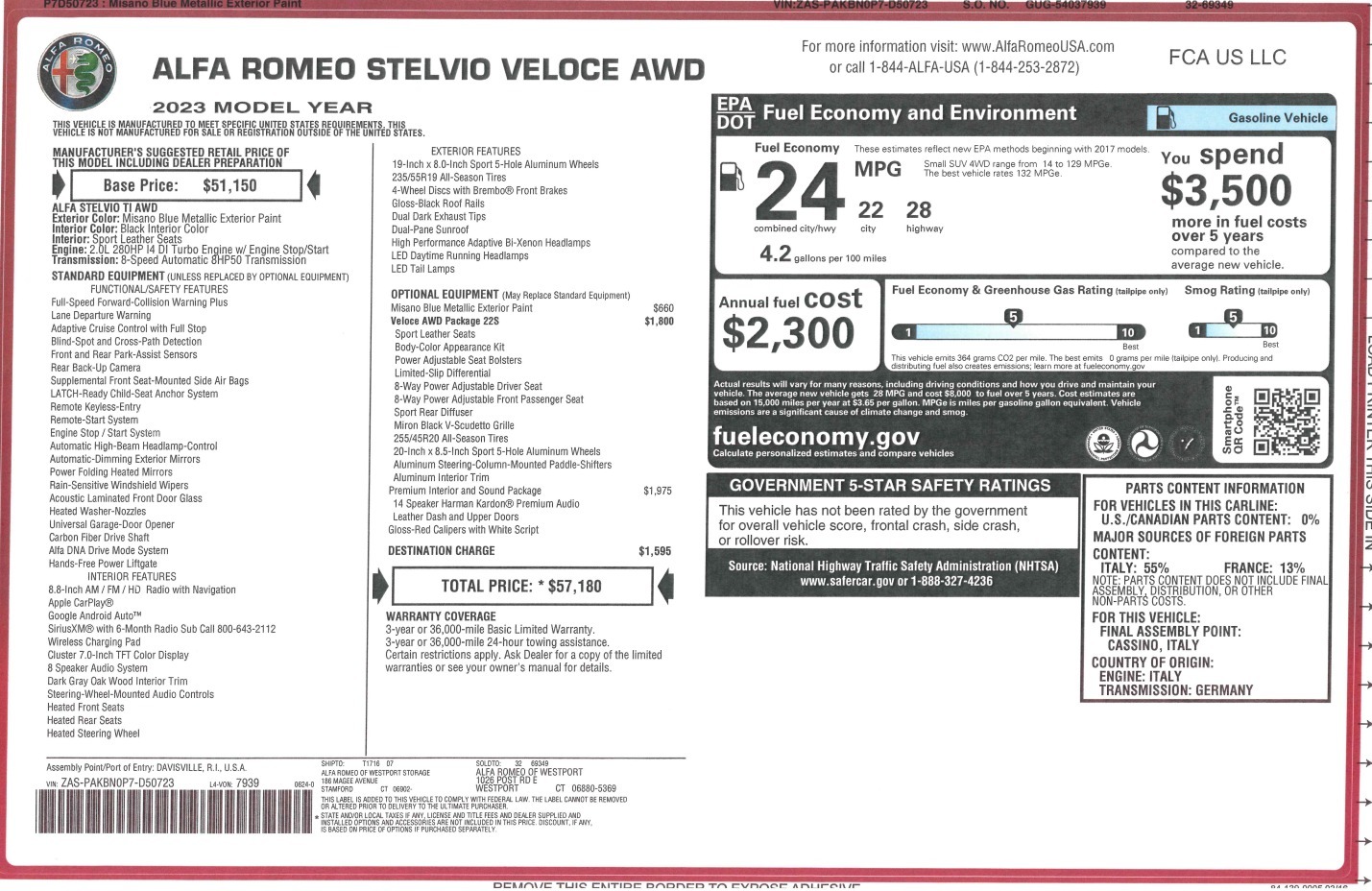 New 2023 Alfa Romeo Stelvio Veloce for sale $57,180 at Alfa Romeo of Greenwich in Greenwich CT 06830 1