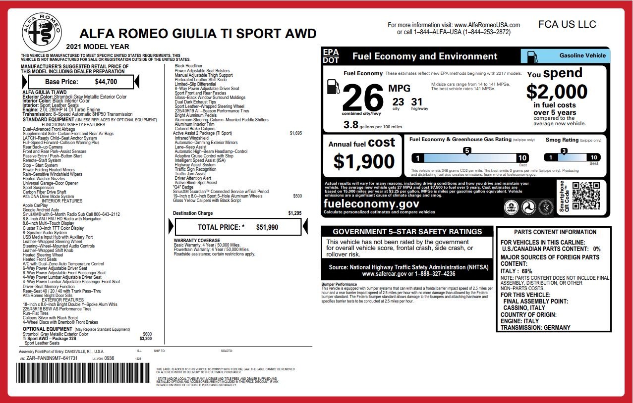 Used 2021 Alfa Romeo Giulia Ti Sport for sale $39,900 at Alfa Romeo of Greenwich in Greenwich CT 06830 1