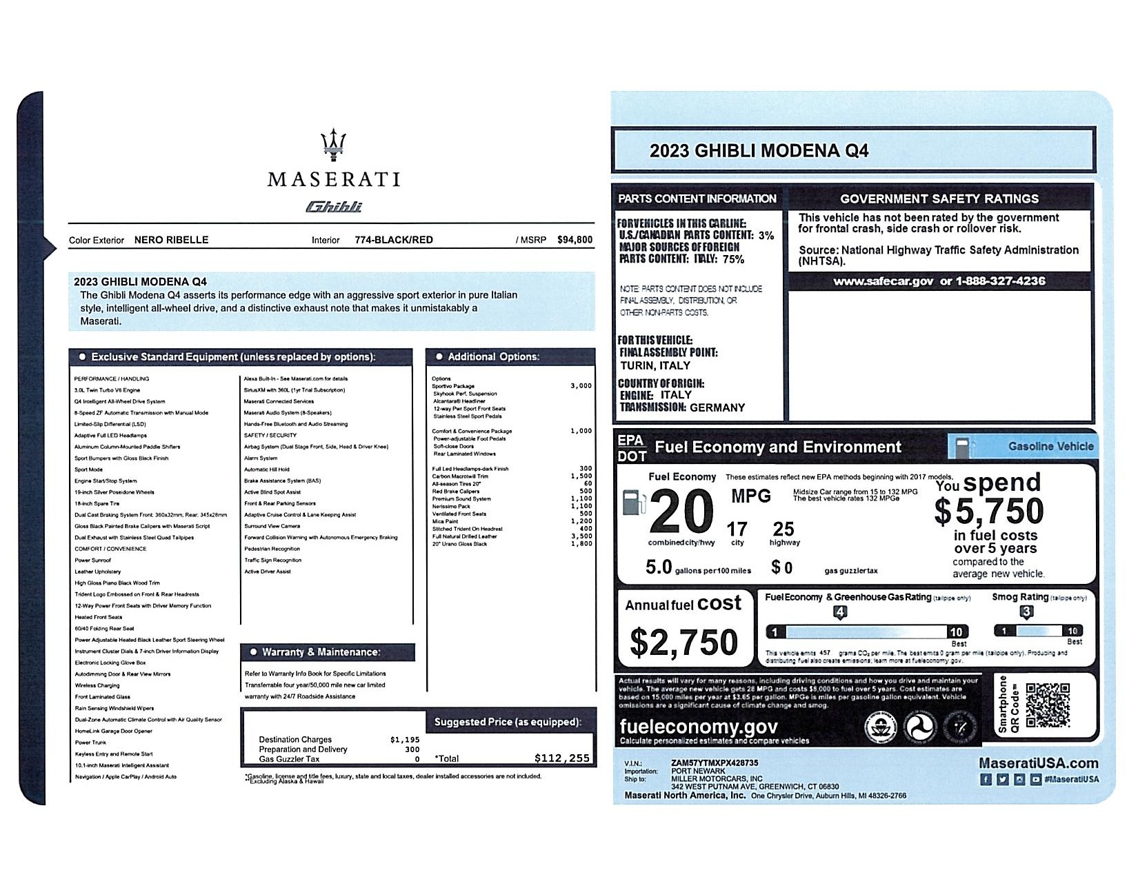 New 2023 Maserati Ghibli Modena Q4 for sale $112,255 at Alfa Romeo of Greenwich in Greenwich CT 06830 1