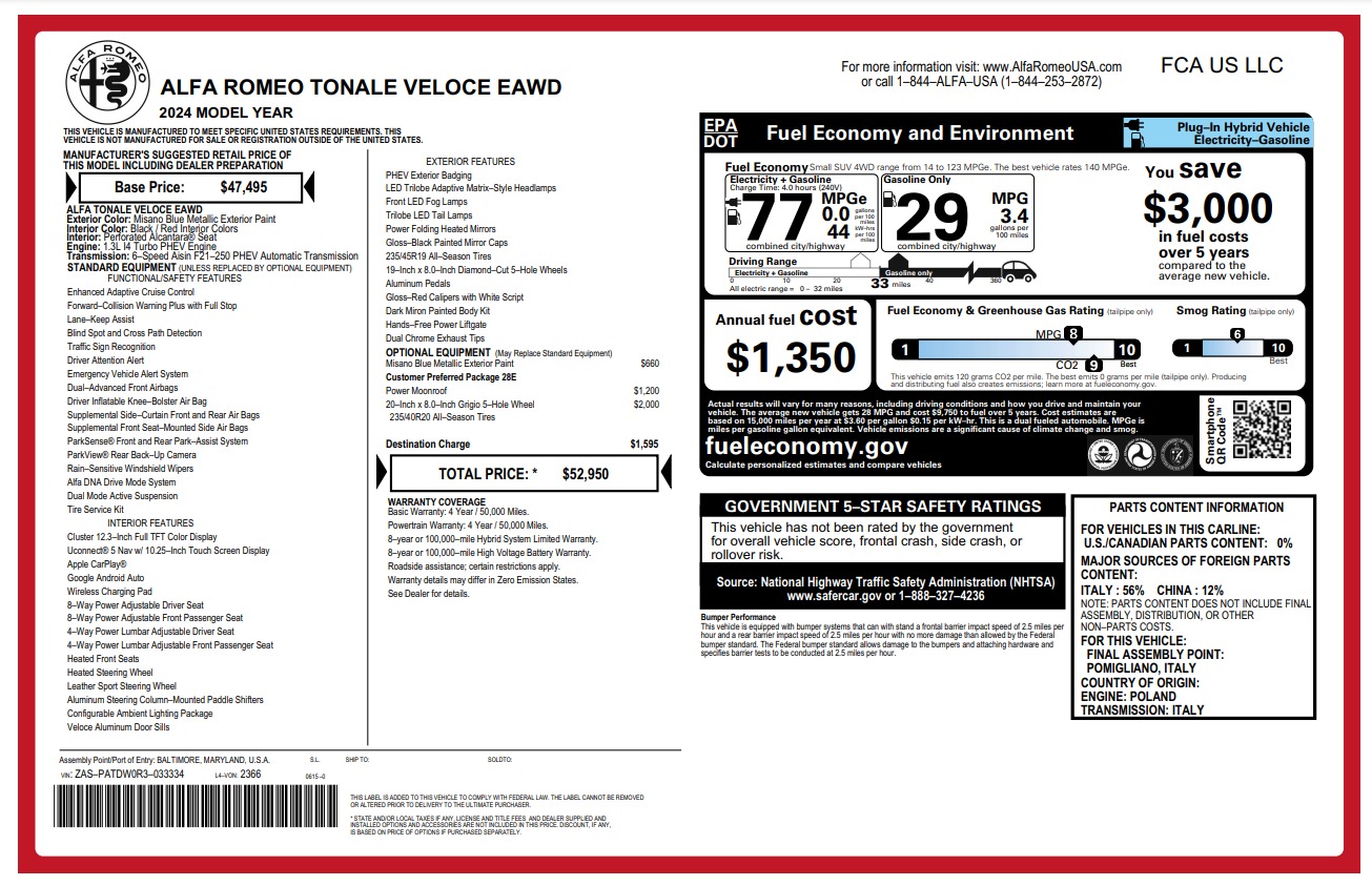 New 2024 Alfa Romeo Tonale Veloce for sale Sold at Alfa Romeo of Greenwich in Greenwich CT 06830 1