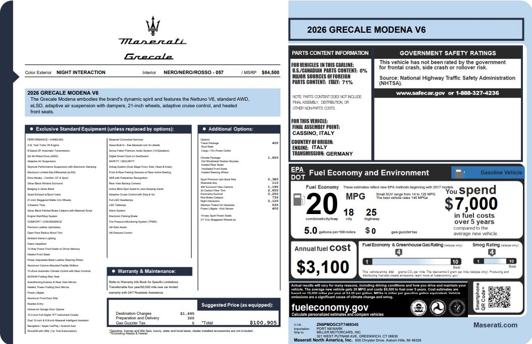 New 2026 Maserati Grecale Modena V6 for sale $100,905 at Alfa Romeo of Greenwich in Greenwich CT 06830 1