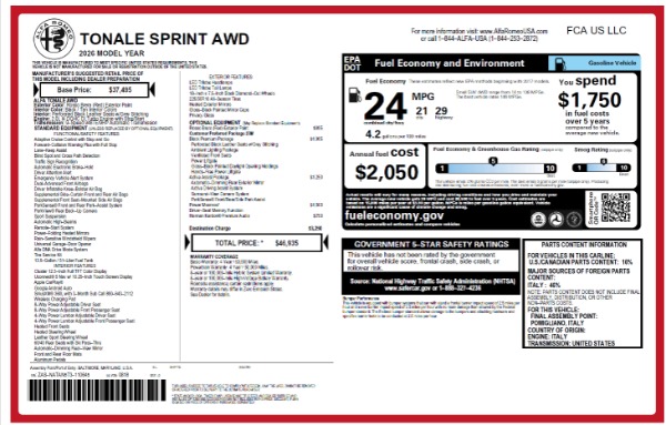New 2026 Alfa Romeo Tonale Sprint for sale $46,935 at Alfa Romeo of Greenwich in Greenwich CT 06830 23
