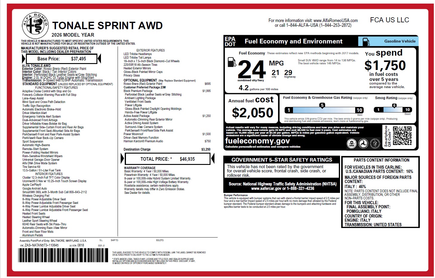 New 2026 Alfa Romeo Tonale Sprint for sale $46,935 at Alfa Romeo of Greenwich in Greenwich CT 06830 1