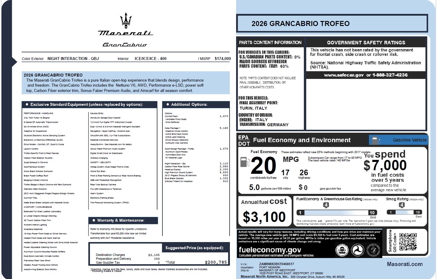 New 2026 Maserati GranCabrio Trofeo for sale $200,785 at Alfa Romeo of Greenwich in Greenwich CT 06830 1
