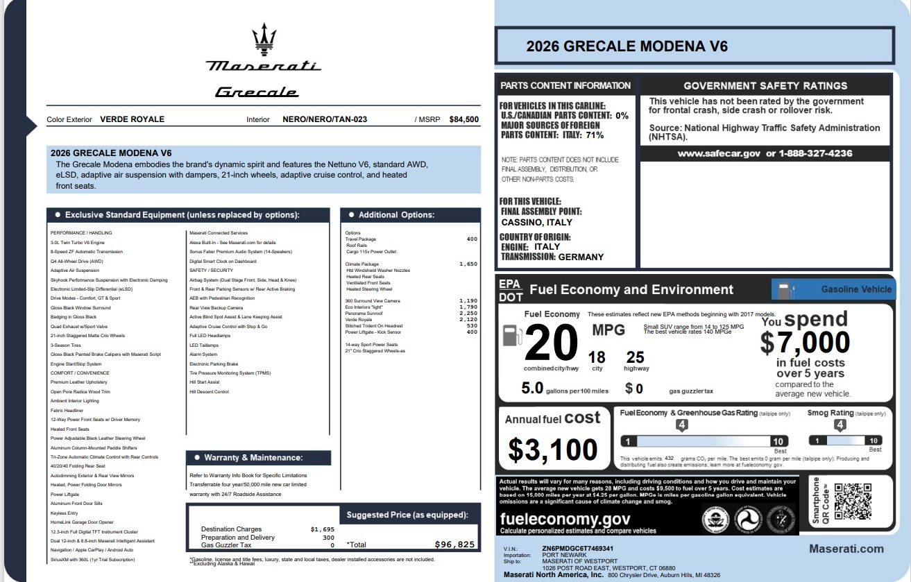New 2026 Maserati Grecale Modena V6 for sale $96,825 at Alfa Romeo of Greenwich in Greenwich CT 06830 1