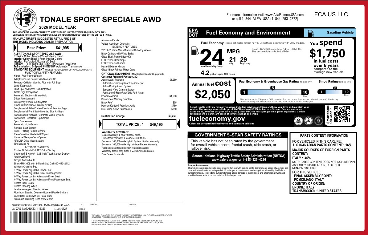 New 2026 Alfa Romeo Tonale Sport Speciale for sale $49,190 at Alfa Romeo of Greenwich in Greenwich CT 06830 1