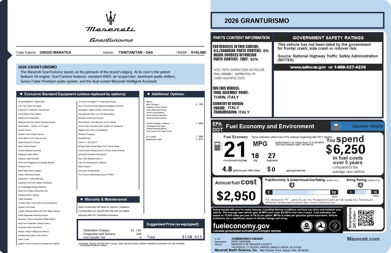 New 2026 Maserati GranTurismo for sale $158,015 at Alfa Romeo of Greenwich in Greenwich CT 06830 1