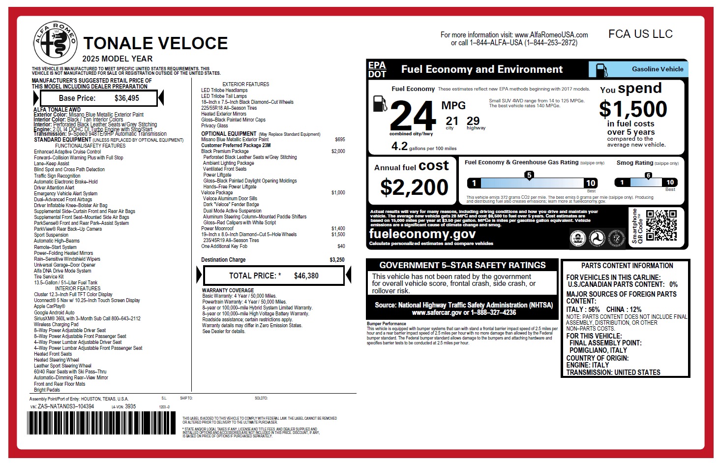 New 2025 Alfa Romeo Tonale for sale $46,380 at Alfa Romeo of Greenwich in Greenwich CT 06830 1