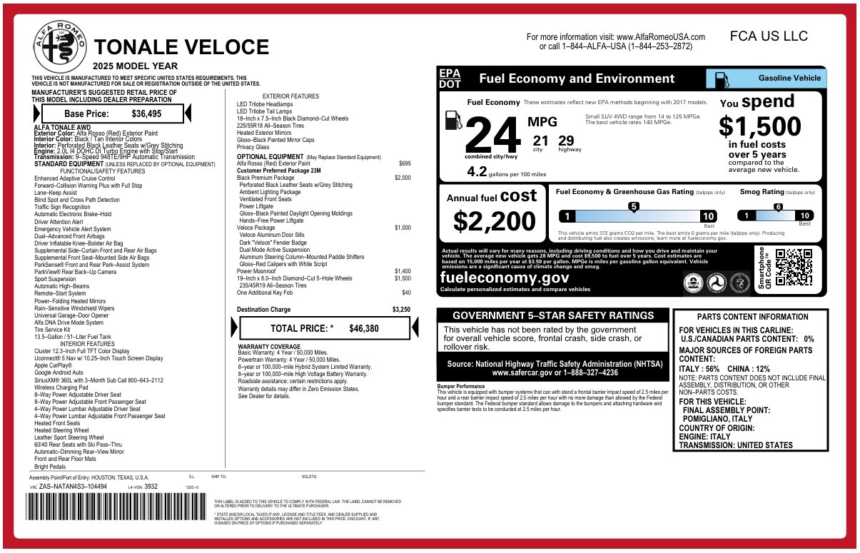 New 2025 Alfa Romeo Tonale for sale $46,380 at Alfa Romeo of Greenwich in Greenwich CT 06830 1