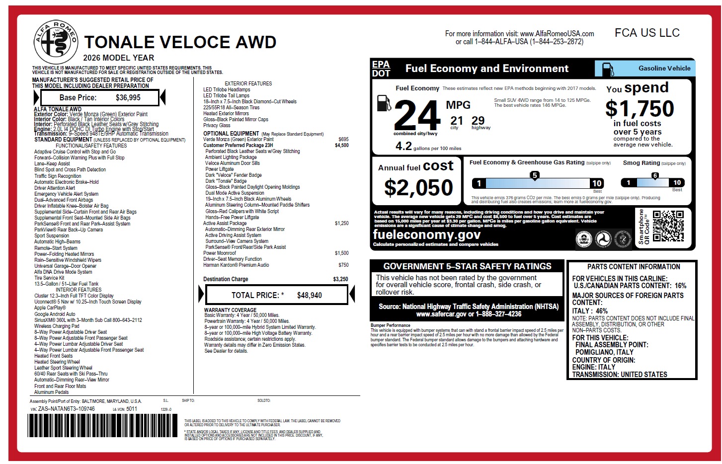New 2026 Alfa Romeo Tonale Veloce for sale $48,940 at Alfa Romeo of Greenwich in Greenwich CT 06830 1