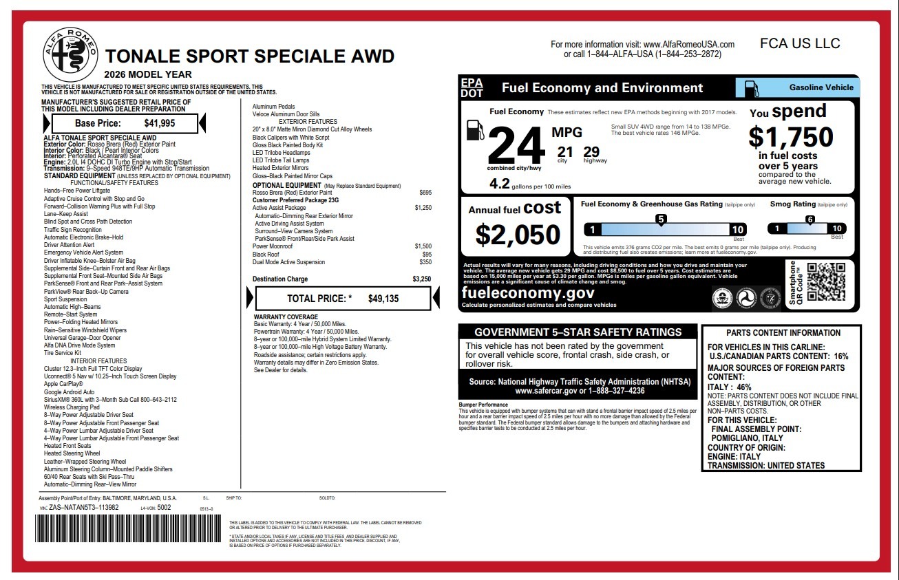 New 2026 Alfa Romeo Tonale Sport Speciale for sale $49,135 at Alfa Romeo of Greenwich in Greenwich CT 06830 1