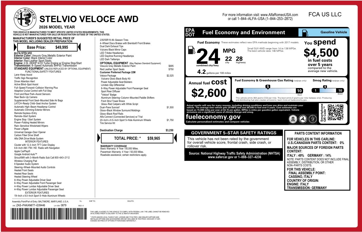New 2026 Alfa Romeo Stelvio Veloce for sale $59,965 at Alfa Romeo of Greenwich in Greenwich CT 06830 1