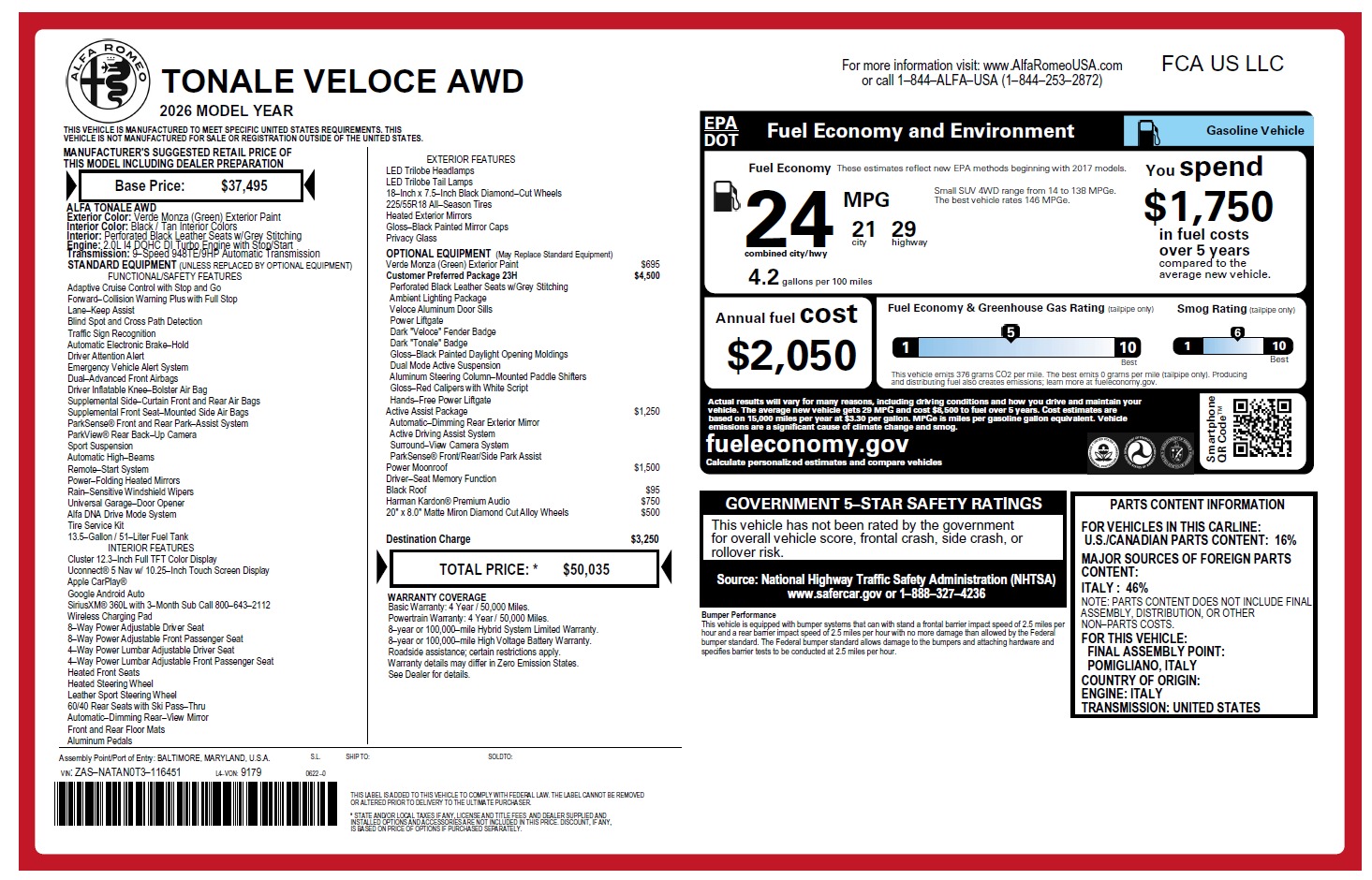 New 2026 Alfa Romeo Tonale Veloce for sale $50,035 at Alfa Romeo of Greenwich in Greenwich CT 06830 1
