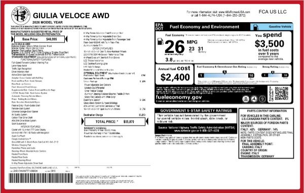 New 2026 Alfa Romeo Giulia Veloce for sale $55,870 at Alfa Romeo of Greenwich in Greenwich CT 06830 26
