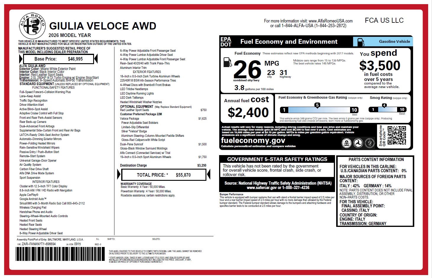 New 2026 Alfa Romeo Giulia for sale $55,870 at Alfa Romeo of Greenwich in Greenwich CT 06830 1