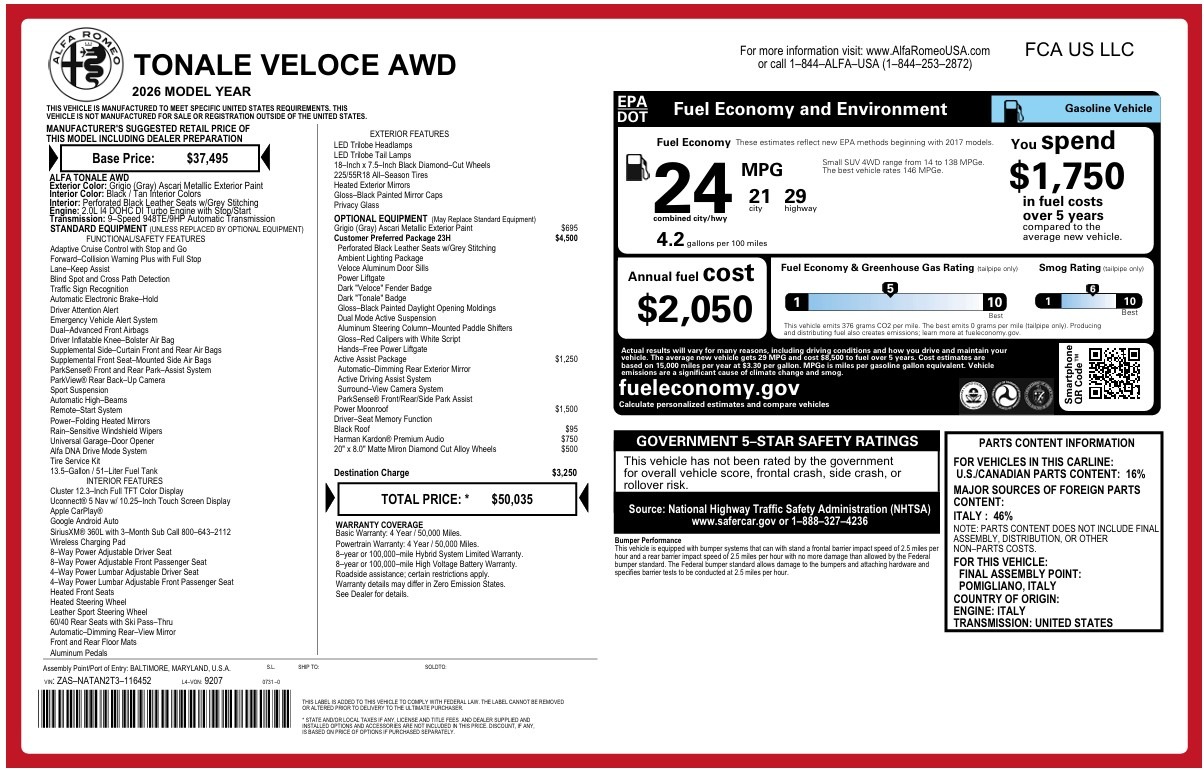 New 2026 Alfa Romeo Tonale Veloce for sale $50,035 at Alfa Romeo of Greenwich in Greenwich CT 06830 1