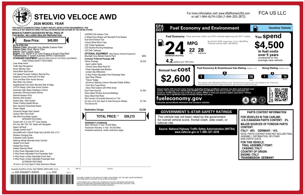 New 2026 Alfa Romeo Stelvio Veloce for sale $59,215 at Alfa Romeo of Greenwich in Greenwich CT 06830 1