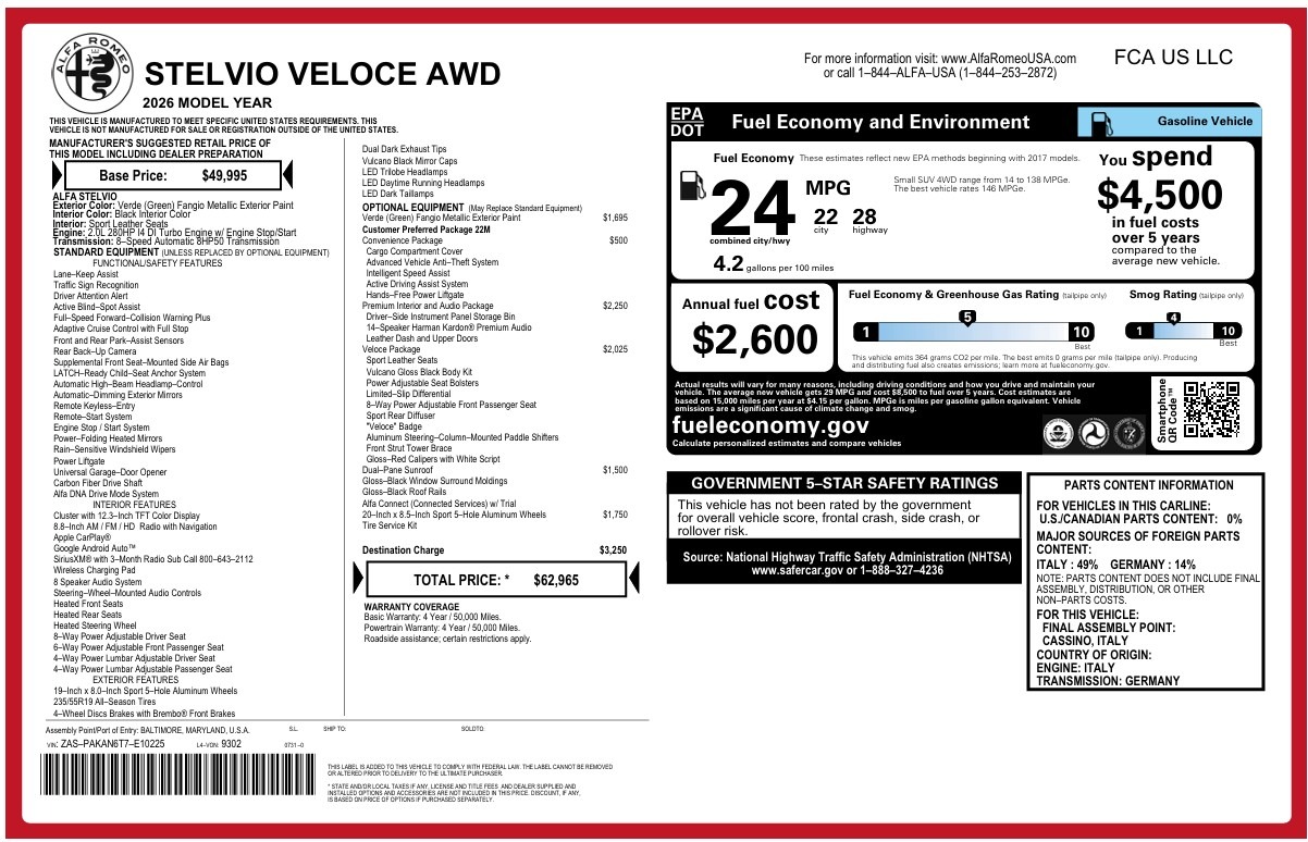 New 2026 Alfa Romeo Stelvio Veloce for sale $62,965 at Alfa Romeo of Greenwich in Greenwich CT 06830 1