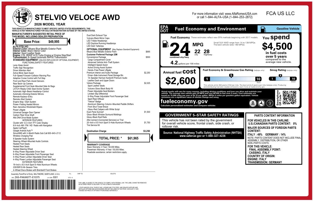 New 2026 Alfa Romeo Stelvio Veloce for sale $61,965 at Alfa Romeo of Greenwich in Greenwich CT 06830 1