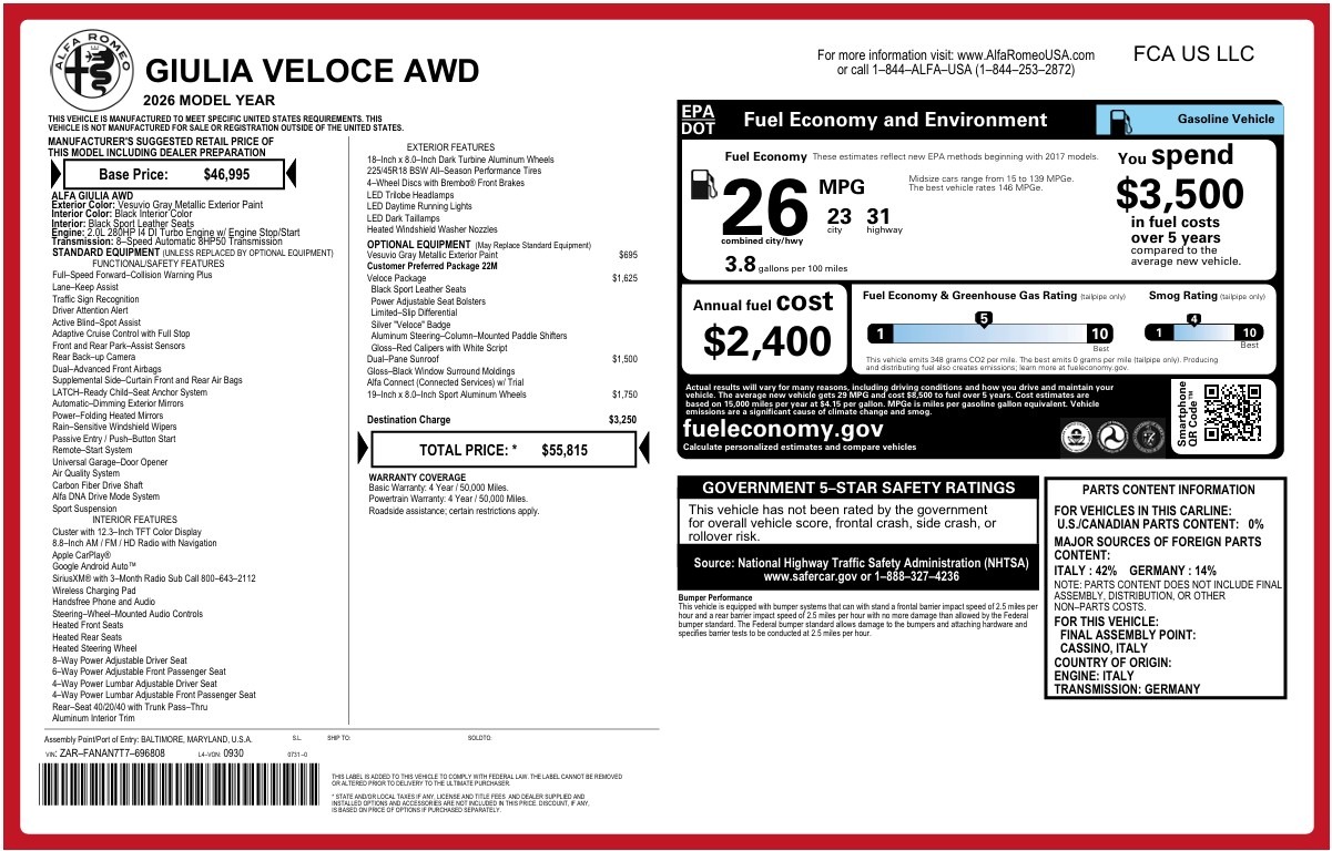 New 2026 Alfa Romeo Giulia Veloce for sale $55,815 at Alfa Romeo of Greenwich in Greenwich CT 06830 1