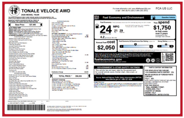 New 2026 Alfa Romeo Tonale Veloce for sale $50,035 at Alfa Romeo of Greenwich in Greenwich CT 06830 25