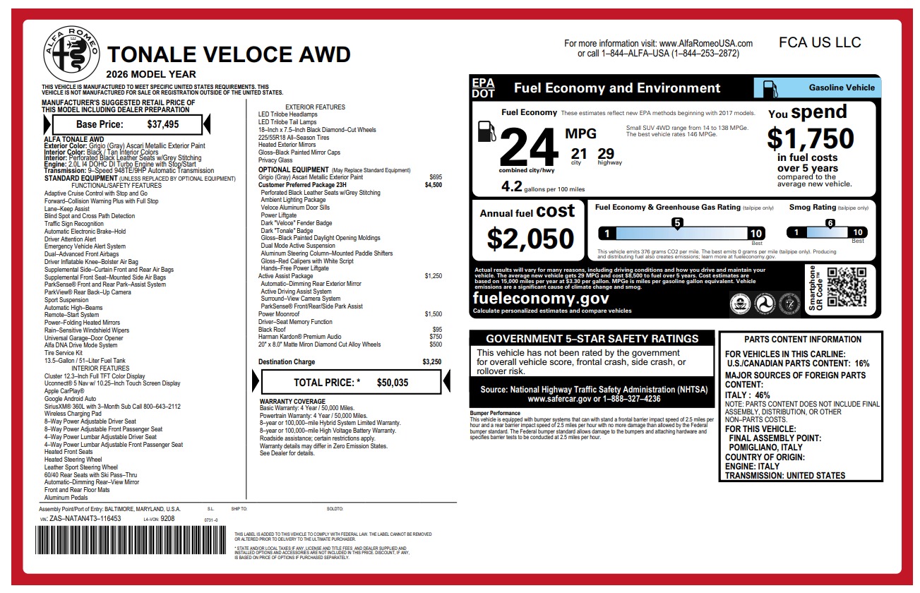 New 2026 Alfa Romeo Tonale Veloce for sale $50,035 at Alfa Romeo of Greenwich in Greenwich CT 06830 1
