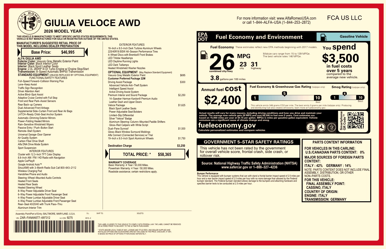 New 2026 Alfa Romeo Giulia VELOCE for sale $58,365 at Alfa Romeo of Greenwich in Greenwich CT 06830 1