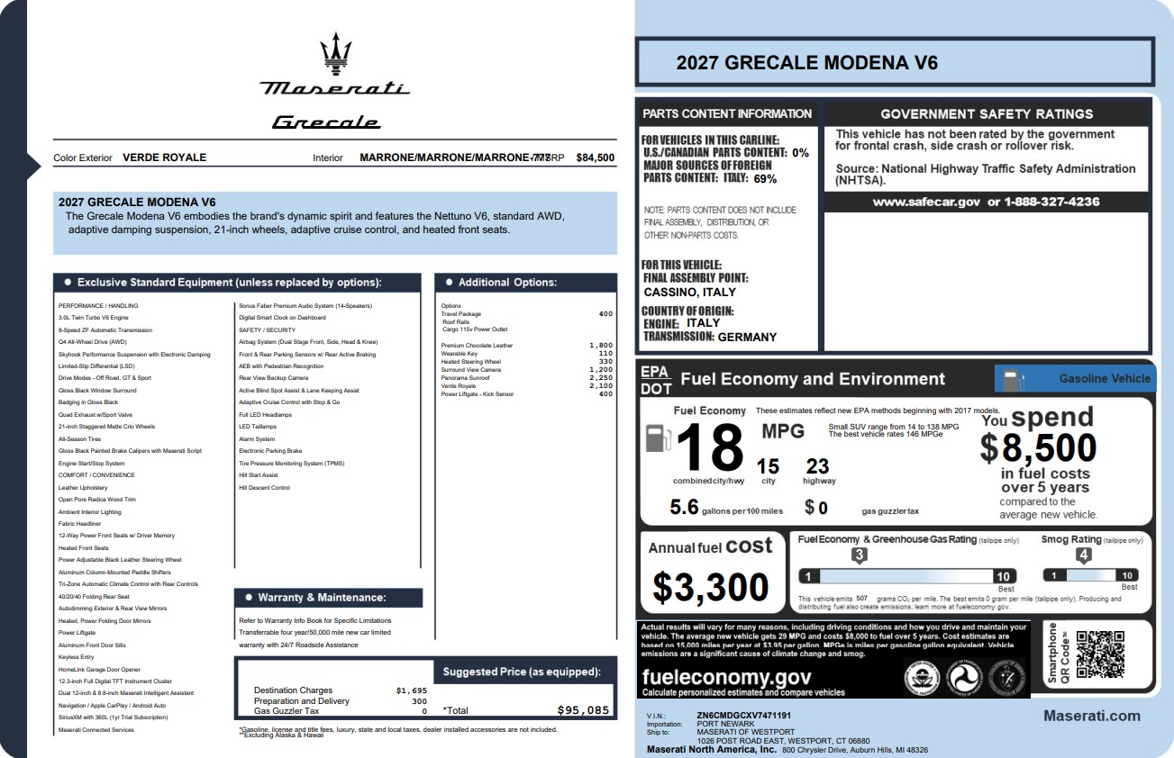 New 2027 Maserati Grecale Modena V6 for sale $95,085 at Alfa Romeo of Greenwich in Greenwich CT 06830 1