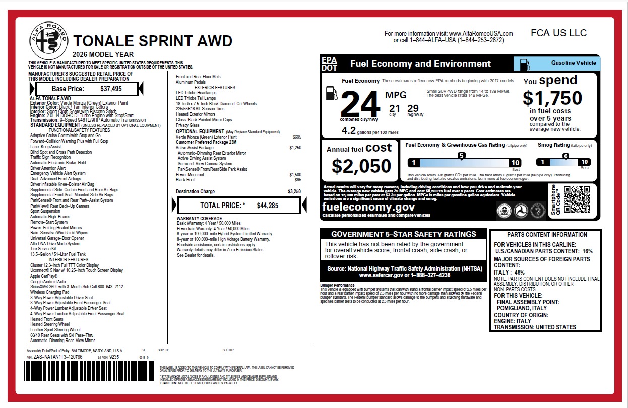 New 2026 Alfa Romeo Tonale Sprint for sale $44,285 at Alfa Romeo of Greenwich in Greenwich CT 06830 1